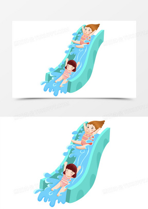 卡通手绘小女孩玩水上乐园滑滑梯免抠元素