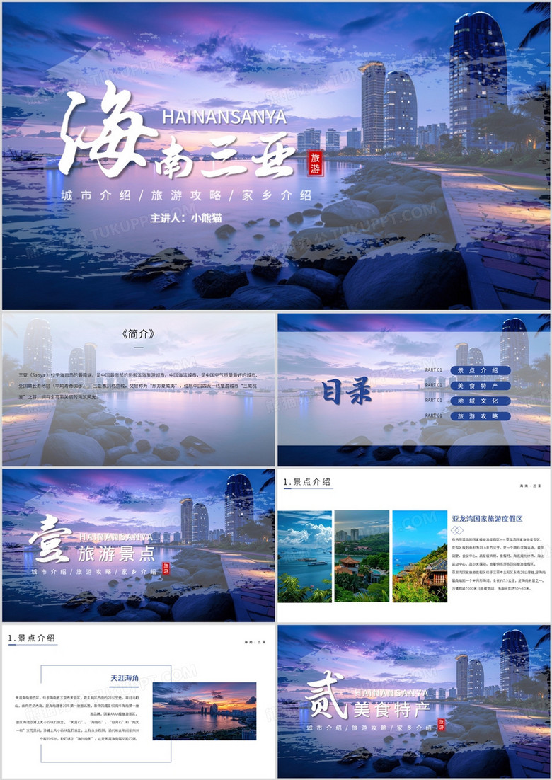 紫色简约风海南三亚城市介绍PPT模板