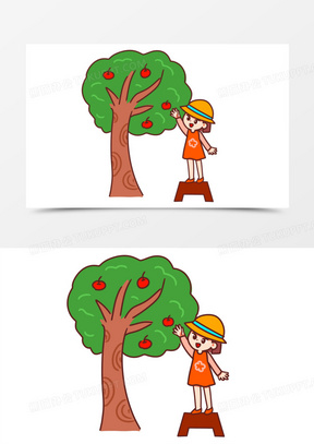 手绘卡通女孩摘苹果免抠素材