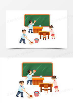 手绘卡通开学季小朋友一起打扫教室场景免抠素材