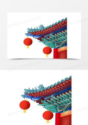 手绘插画风中式屋檐免抠元素