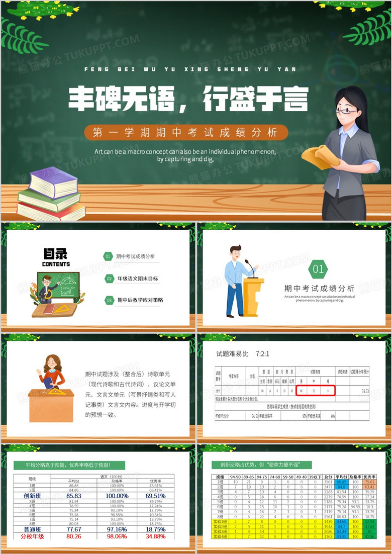 绿色卡通风丰碑无语行盛于言PPT模板