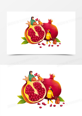 手绘卡通创意吃石榴免抠元素