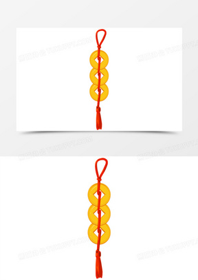 手绘卡通一串金色铜钱元素