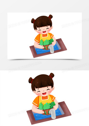卡通手绘小女孩洗菜免抠元素