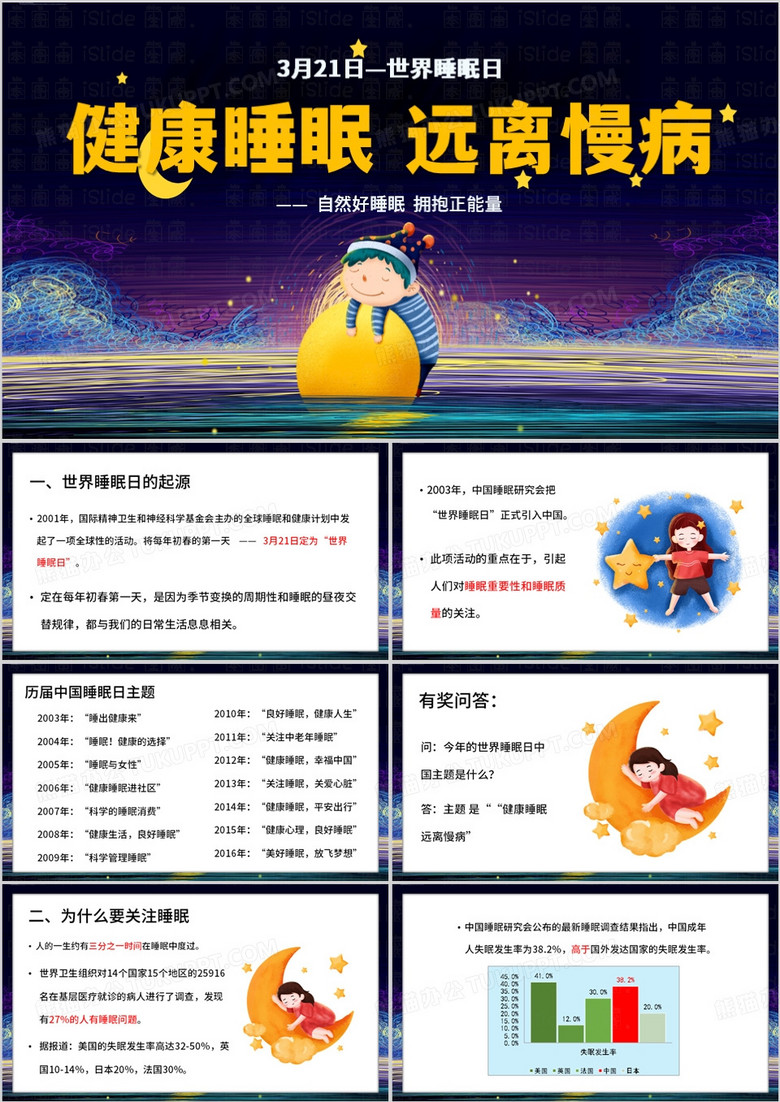 紫色卡通风世界睡眠日PPT模板