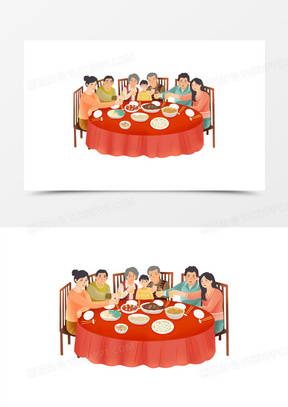 手绘插画风一家人团圆饭场景元素