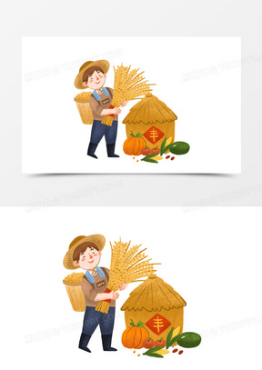 卡通农业大丰收插画元素971手绘插画风农民收稻谷场景元素342手绘插画