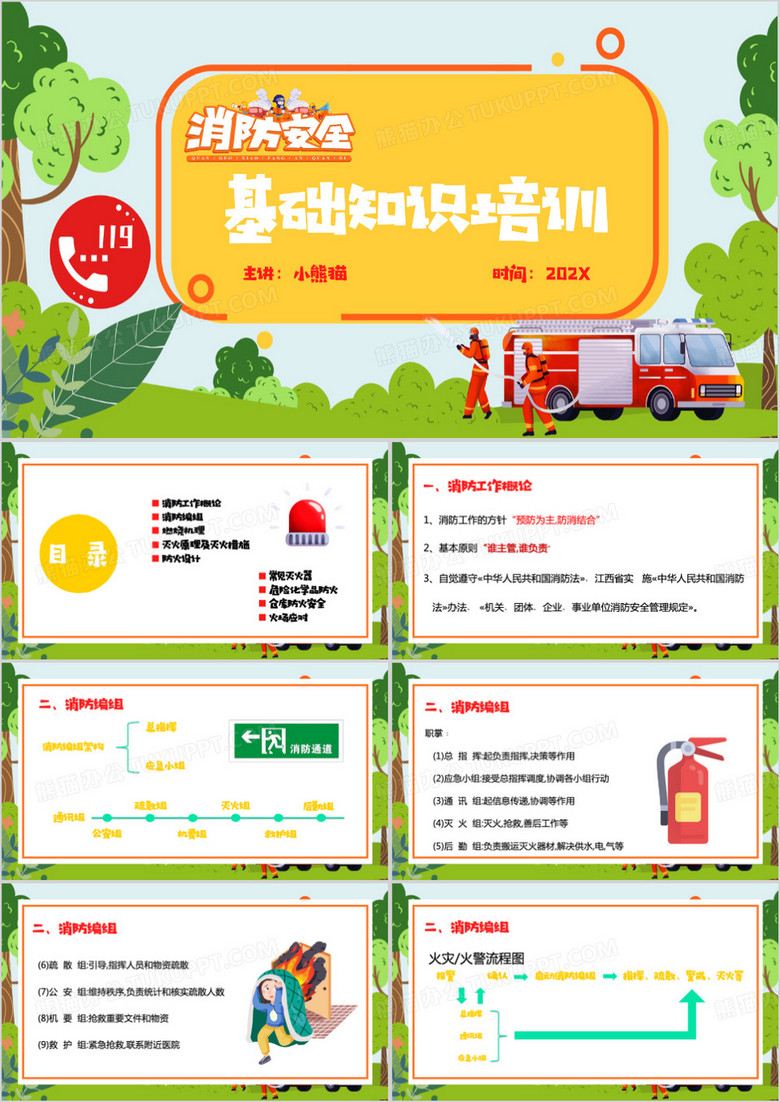 绿色卡通风工厂仓库消防安全培训PPT模板