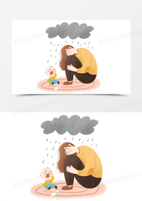 手绘卡通伤心无助的妈妈免抠元素