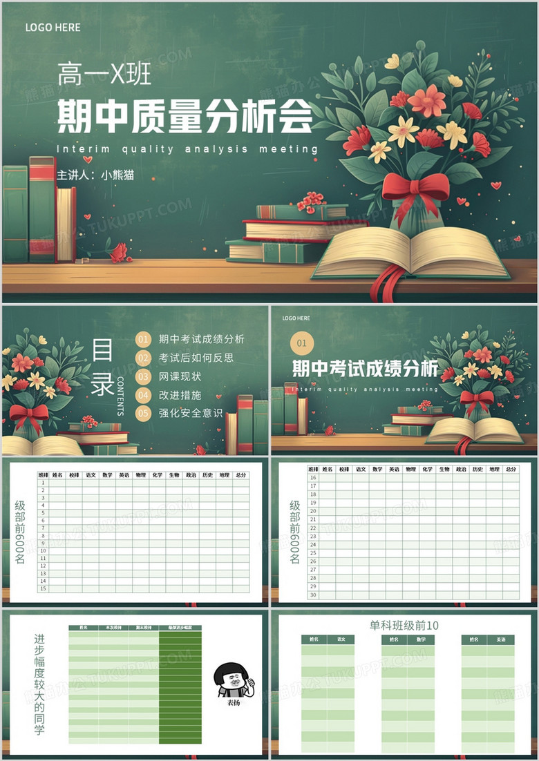 绿色简约风期中考试质量分析会PPT模板