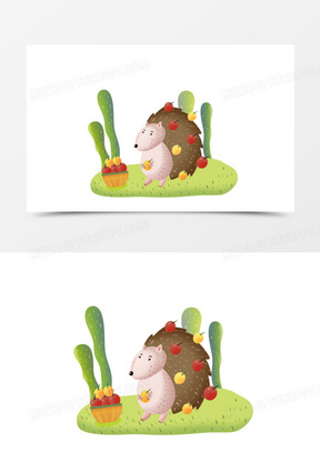 手绘小刺猬摘苹果免抠元素