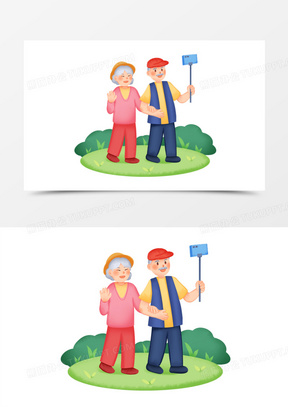 手绘卡通老年人散步自拍免抠素材