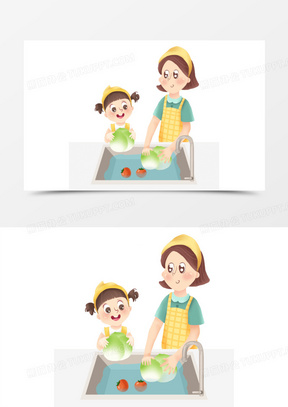 手绘卡通母女洗菜插画元素
