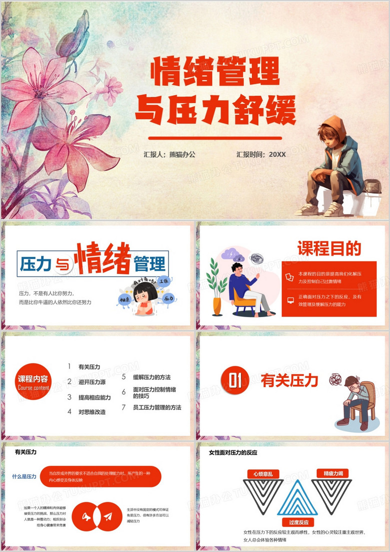 红色清新风情绪管理与压力舒缓PPT模板