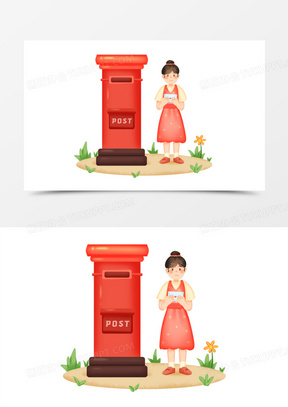 手绘卡通女孩在邮筒收信免抠素材