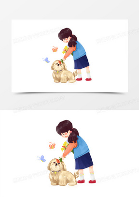 狗子陪主人刷剧场景元素160手绘卡通狗子跟主人一起做瑜伽场景元素180