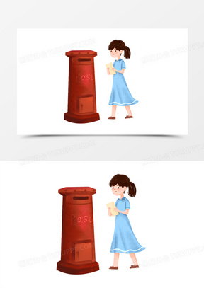 210手绘卡通邮递员寄信免抠素材761手绘插画风小女孩寄信投信箱元素