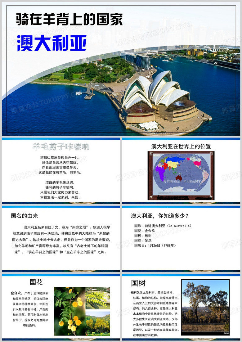 蓝色简约风骑在羊背上的国家PPT模板