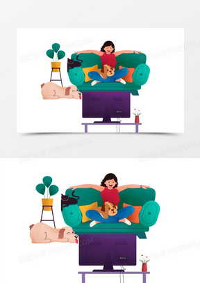 手绘卡通狗子陪主人刷剧场景元素