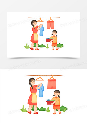 手绘卡通妈妈晾衣服小孩帮忙免抠素材