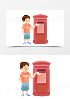 卡通手绘男孩拿着信件寄信元素