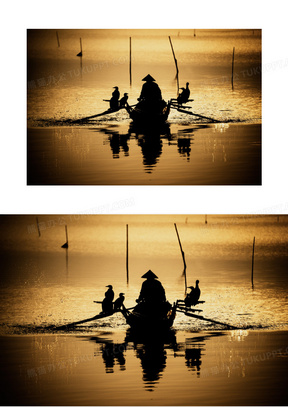 渔民划船剪影图片