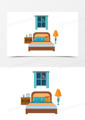 手绘蓝色卡通卧室素材