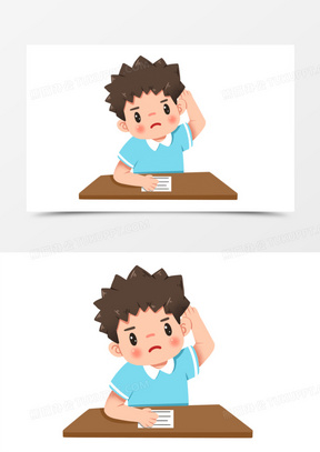 卡通手绘男孩做作业挠头免抠素材