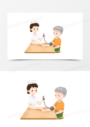 卡通手绘护士给老人测血压元素
