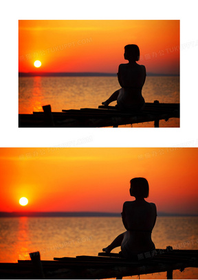 女孩在桥上坐着观看日出背影图片