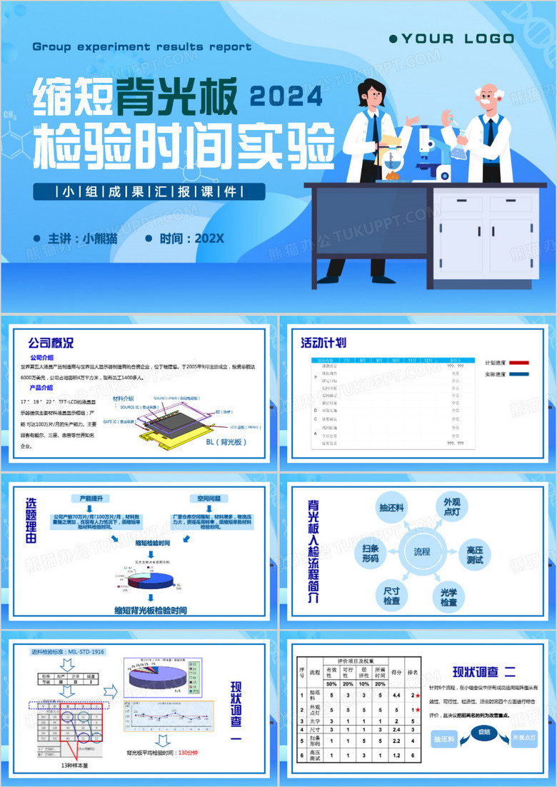 蓝色简约风缩短背光板检验时间实验PPT模板