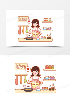 手绘卡通美食博主做饭直播元素