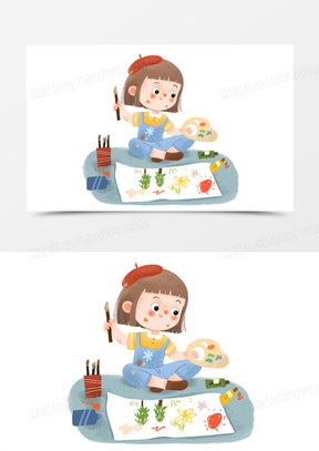 手绘卡通在涂鸦画画的女孩插画免抠元素