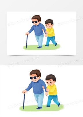 卡通手绘小孩帮助盲人过马路元素