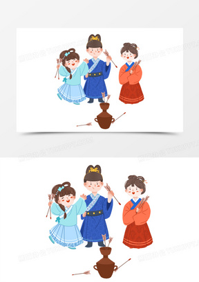 手绘卡通古代游戏投壶元素