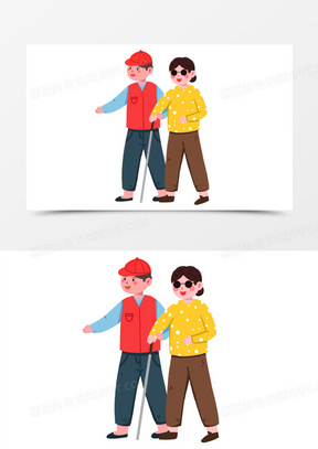 卡通手绘志愿者帮助盲人过马路元素