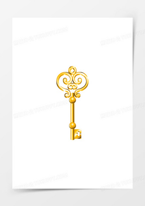 金色花纹单齿钥匙免抠素材