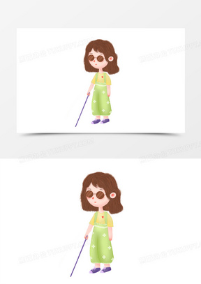 卡通手绘盲人小女孩免抠元素