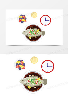 手绘卡通午餐吃鱼和水果免抠元素