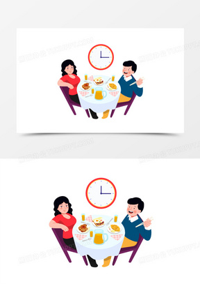 手绘卡通情侣约会吃午饭免抠元素