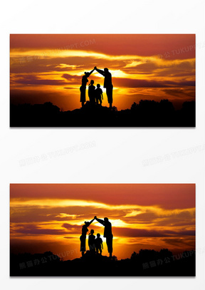 简约温馨一家四口夕阳剪影背景