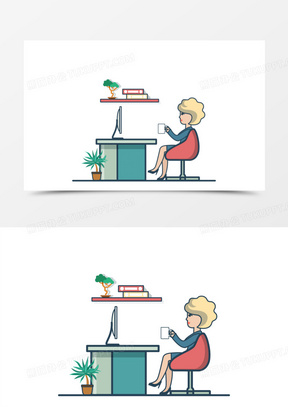 办公桌前的女人90女便携水杯商务杯500手绘卡通扁平化在家辛苦加夜班