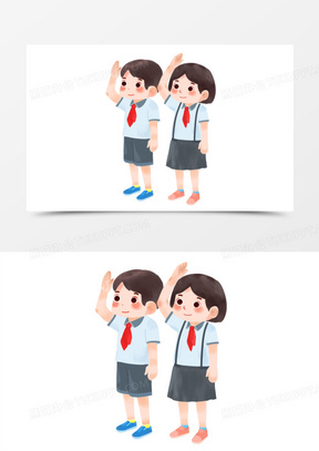 卡通手绘男学生和女学生立正敬礼