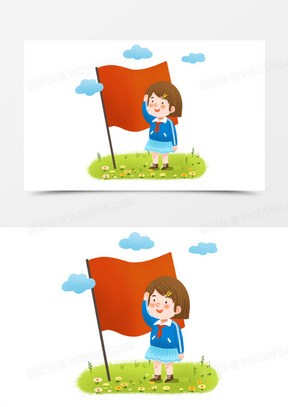 手绘卡通女孩穿校服敬礼插画免抠元素