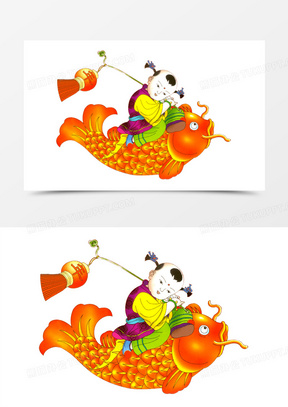 免抠中国福娃招财童子骑鱼png图片