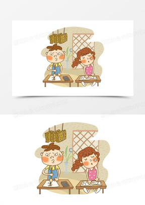 卡通小孩刻苦学习