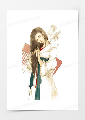梳头发白衣美女古风手绘