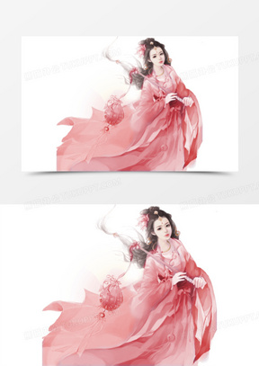 提灯粉衣仙女古风手绘