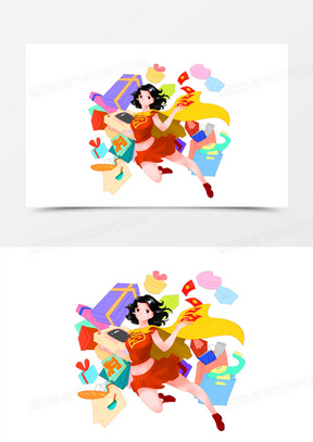 卡通手绘女孩疯狂买买买插画元素